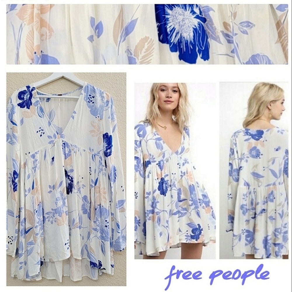 Free People | Ivory Bell Sleeve | Blue Floral Tunic - Picture 2 of 12
